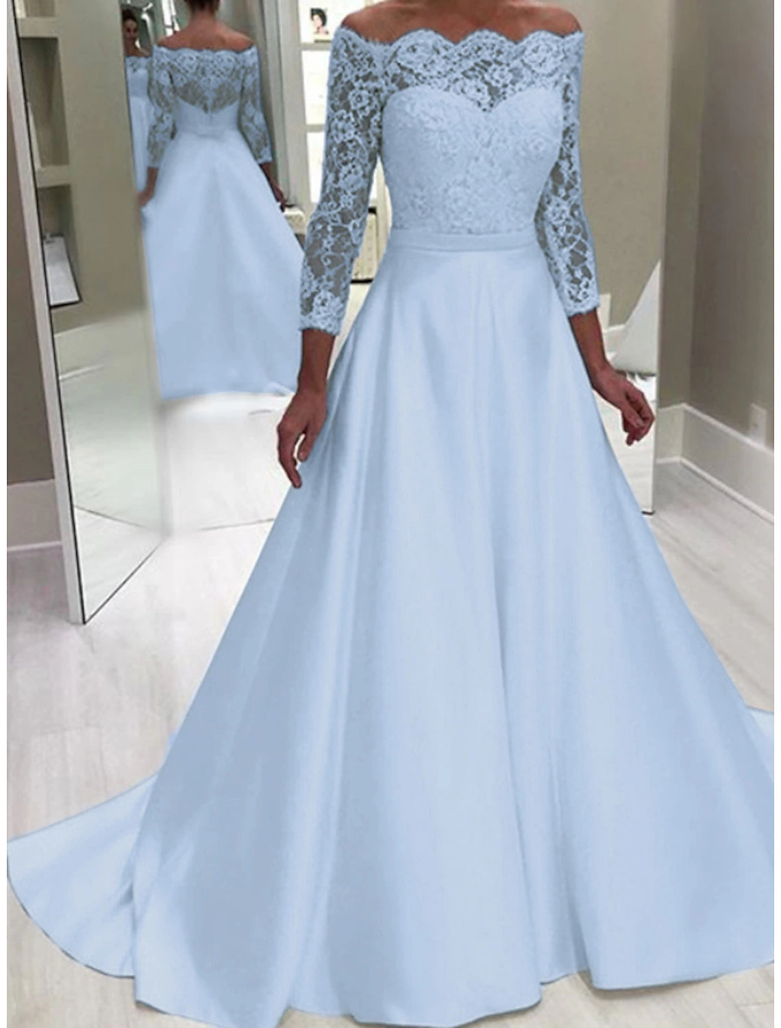 Wholesa Engagement Formal Wedding Dresses Ball Gown Off Shoulder Long Sleeve Court Train Satin Bridal Gowns With Beading Appliques